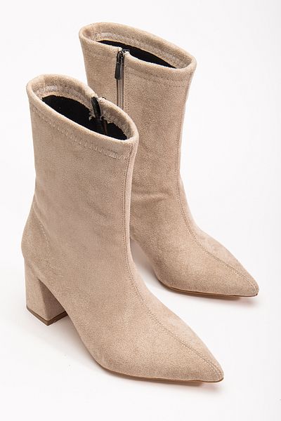 bakacstore Cizme de damă din piele intoarsa bej cu toc mediu cu varf ascutit