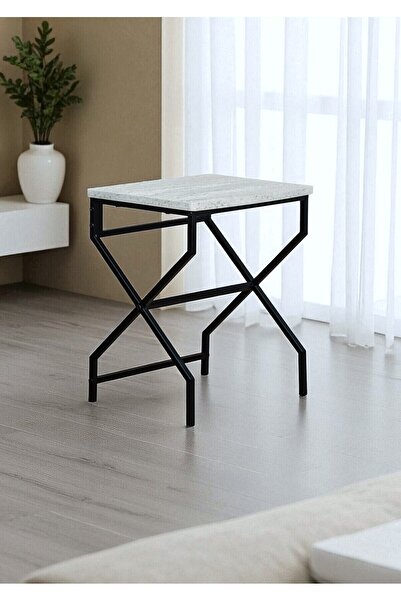 Bye Concept More DEKORATİF 3’LÜ ZİGON SEHPA METAL AYAKLI BEYAZ AHŞAP KARE MİSAFİR SERVİS SEHPASI ORTA SEHPA