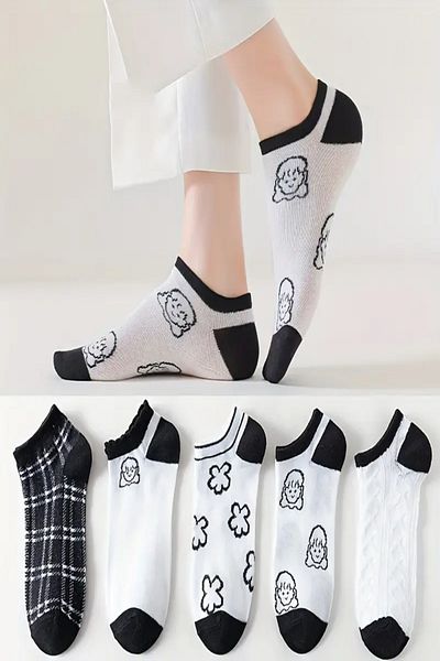 Esinti Black Women's Socks White Women's Booties Summer Thin Socks Ankle Length Short Socks 5 Pairs