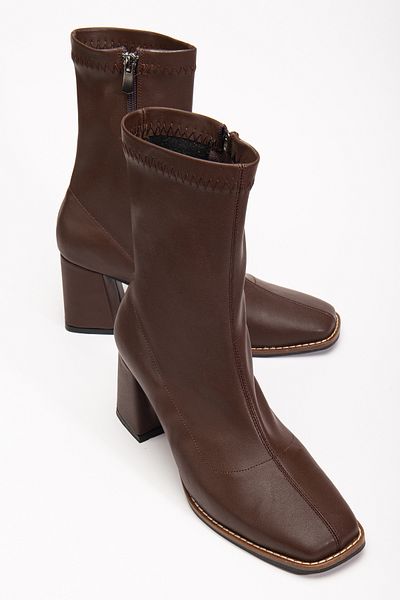 bakacstore Γυναικεία παπούτσια με τακούνι με μεσαίο μπουτ μύτη Stretch ύφασμα Bitter Brown