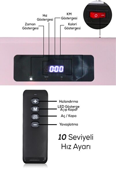 DEMPOWER Bluetoothlu , Uygulamadan Ayarlanabilir Uzaktan Kumandalı Yürüme Ve Koşu Bandı Pembe Renkli