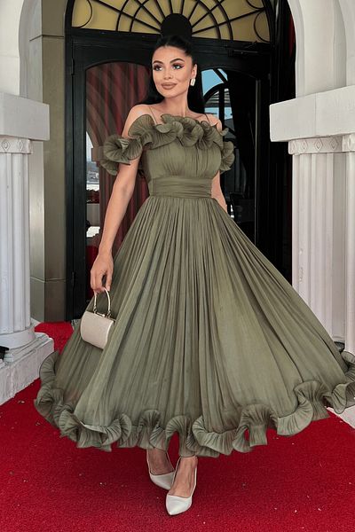 giyimmasalı Chiffon Fabric Flounce Detailed Midi Dress - Khaki Green
