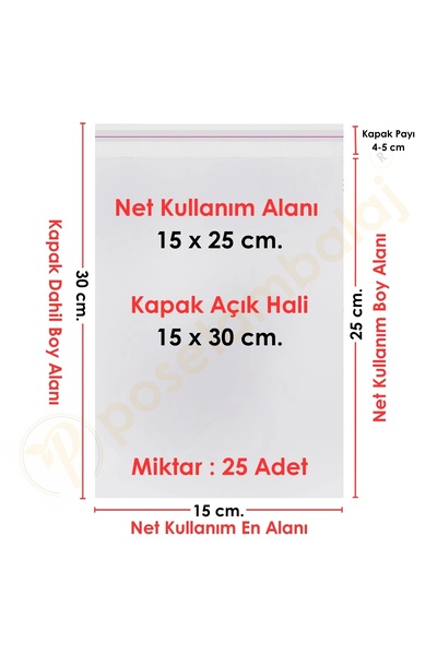 CarpCorn 15x25+5 Cm. (15*30) 25 Adet Şeffaf Bantlı Yapışkanlı Jelatin Poşet