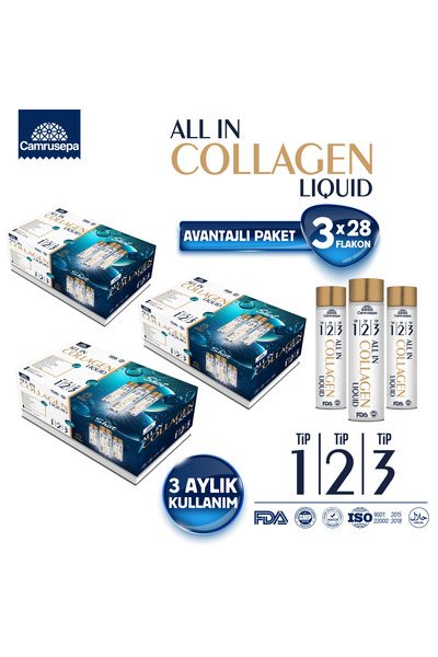 Camrusepa All In Collagen Liquid Tip 1-2-3 (28 Flakon) Likid Kolajen - 3 lü Avantaj Paket