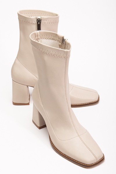 bakacstore Women's Beige Medium Size Blunt Toe Stretch Fabric Heeled Shoes