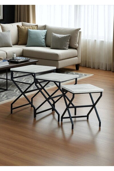 Bye Concept More DEKORATİF 3’LÜ ZİGON SEHPA METAL AYAKLI BEYAZ AHŞAP KARE MİSAFİR SERVİS SEHPASI ORTA SEHPA