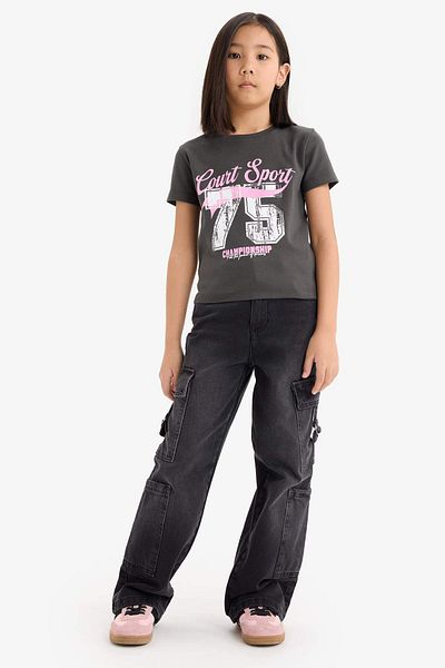 DeFacto Girl's Slim Fit Slim Fit Crew Neck Printed Ribbed Short Sleeve T-Shirt E0366A825Sm