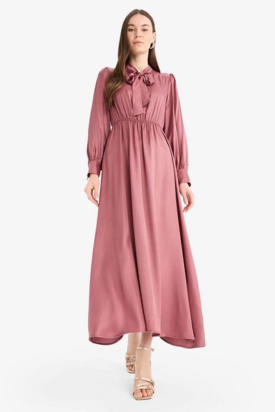 DeFacto Regular Fit Bow Collar Satin Long Sleeve Midi Dress F0819Ax25Sp