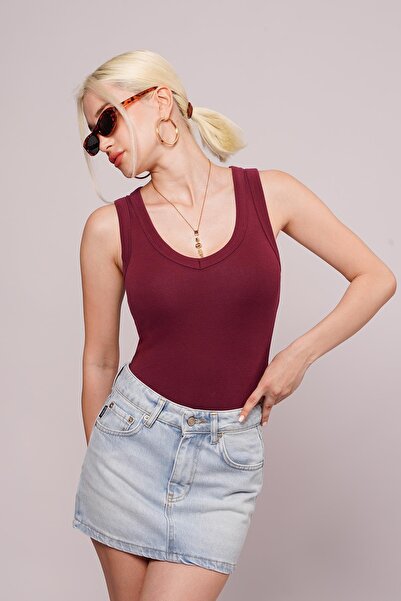 Madmext Bordo Derin V Yaka %100 Pamuklu Basic Kadın Atlet Mg2405