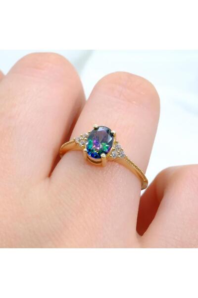 FasekGold Tektaş Altın Yüzük - Tria Mistik Topaz Taşlı 14 Ayar Evlilik Teklif...