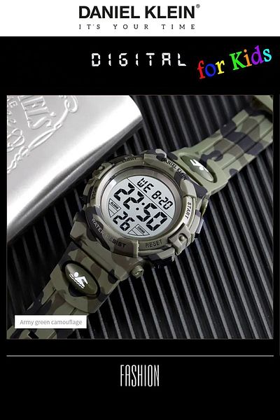 Daniel Klein Army Green Camouflage Children's Wristwatch with Alarm and Stopwatch, 7 Different Lights, for Ages 8-12