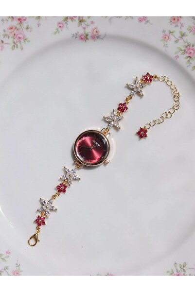 Reorah Collection Dark Pink Mio Saat-Koyu Pembe Çiçekli Saat