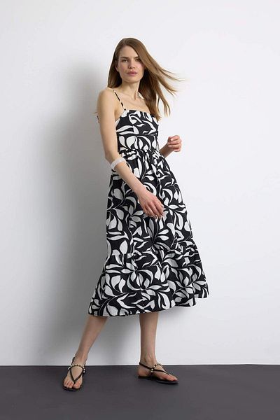 DeFacto Floral Pattern Linen Look Strap Midi Summer Dress F0595Ax25Sm