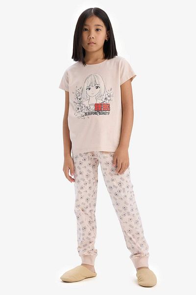 DeFacto Girls Pajama Set - Printed Short Sleeve Top Elastic Waist Long Bottom