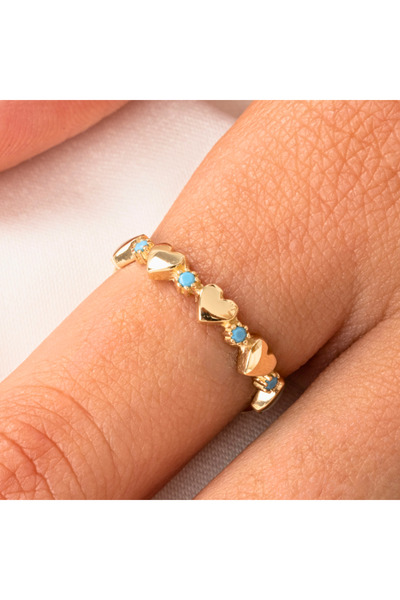 FasekGold Altın Yüzük - 14 Ayar Altın Sıralı Kalp Turkuaz Taşlı Alyans Yüzük ...