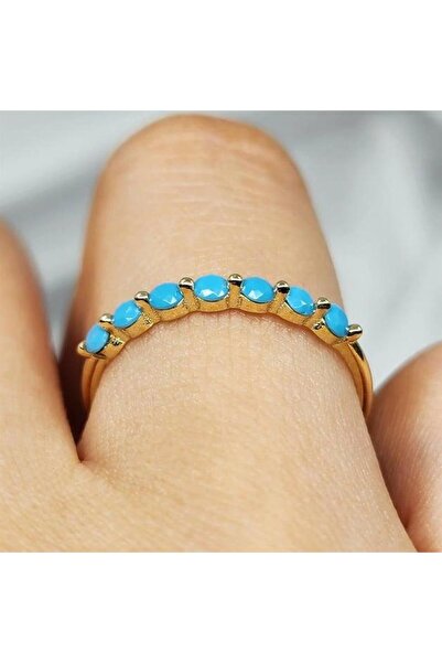 FasekGold 14 Ayar Altın Yüzük-yedi Taşlı Minimal Alyans Firuze Taşlı-modern T...