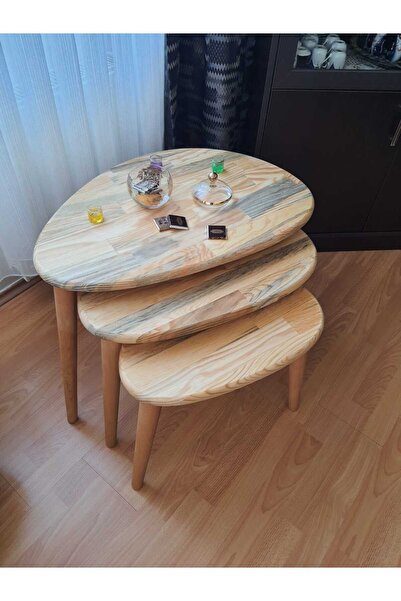 Ekübya Home Masif Doğal Ahşap Asimetrik Form Üçlü Zigon Sehpa Naturel