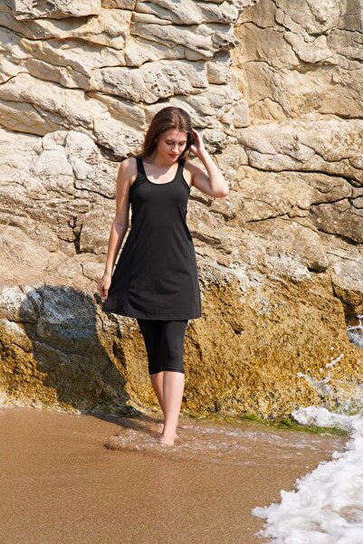 vawensea Kadın Taytlı Düz Renk Elbise Mayo 4566 Siyah (GÖĞÜS PEDLİ)