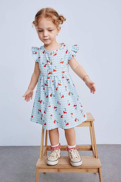 DeFacto Baby Girl Patterned Short Sleeve Flared Poplin Summer Dress E0645A525Sm