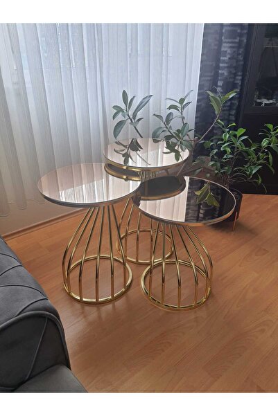 Metal Ekübya Home Kuğu Üçlü Zigon Sehpa Gold Ayak Bronz Ayna (Yan Sehpa)