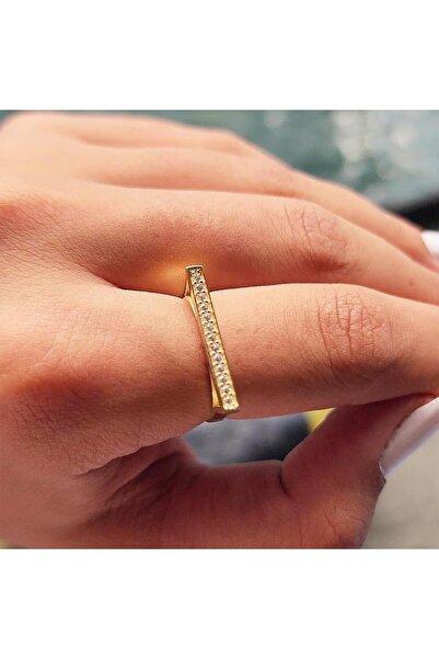 FasekGold Altın Yüzük - 14 Ayar Altın Çizgi Sıra Zirkon Taşlı Yüzük - Anneler...