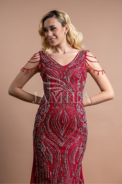 Lovely Dress Taş Işlemeli V Yaka Abiye Elbise