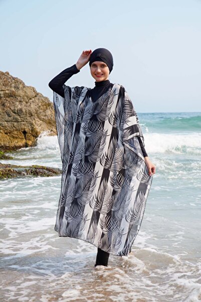 vawensea Kadın Tesettür Mayo Üzerine Şeritli Yaprak Desenli Tek Pareo