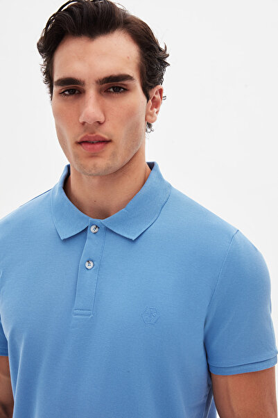 D'S Damat Ds Damat Regular Fit Light Indigo 100% βαμβακερό μπλουζάκι με κέντημα με γιακά πόλο μακράς διαρκείας
