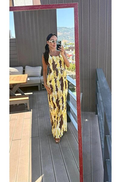 BOLESA GİYİM Sarı-Kahve İki Renkli Elbise