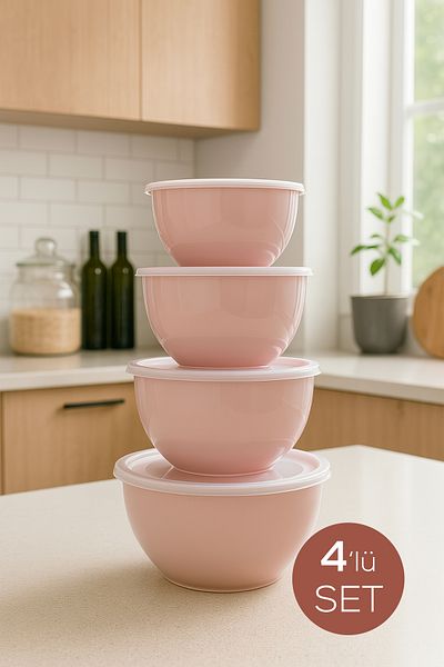 Vienev Set of 4 Round Bowls Pink |   1L, 1.5L, 2.3L, 3.3L |   Multi-Purpose Kitchen Storage Container with Lid