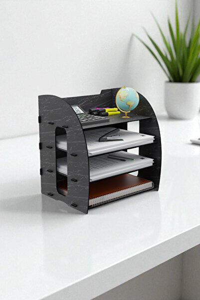 Evene Dosya Düzenleyici Masa Üstü Organizer Ahşap Evrak Rafı Siyah Mermer Renk Model 6