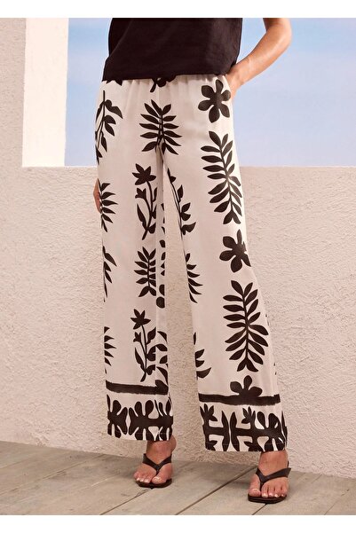 Şans Women's Plus Size White, Black Printed, Elastic Waist Viscose Trousers 65N39007