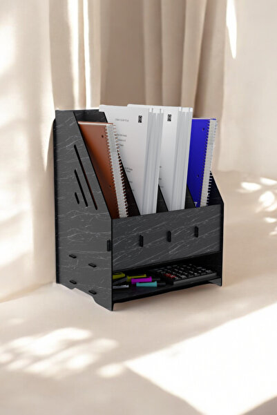 Evene Dosya Düzenleyici Masa Üstü Organizer Ahşap Evrak Rafı Siyah Mermer Ren...