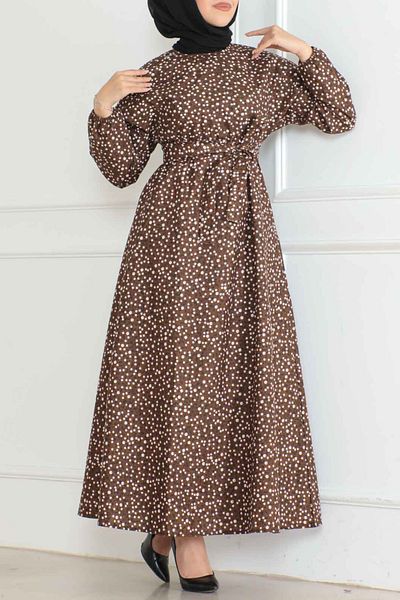 TOFİSA Patterned Sleeve Gathered Dress Brown - 26622