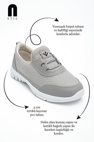 Nstil Daily Women's Gray Sports Shoes Rubber Laces Mesh Breathable Comfortable Non-Slip Sole Sneaker 3005