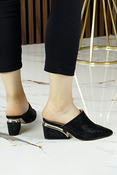 Erkan Saçmacı Silvia Siyah Taşlı Metal Topuk Detaylı Abiye Terlik