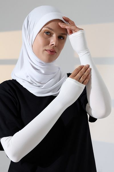 ihvanonline Mâneci lungi din bumbac pieptănat pentru femei, cremă hijab