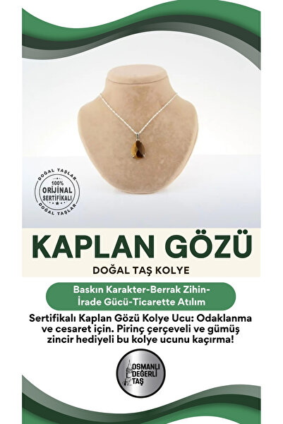 OSMANLI DEĞERLİ TAŞ Sertifikalı Kaplan Gözü Kolye Ucu (GÜMÜŞ ZİNCİR HEDİYE) Pirinç Çerçeve