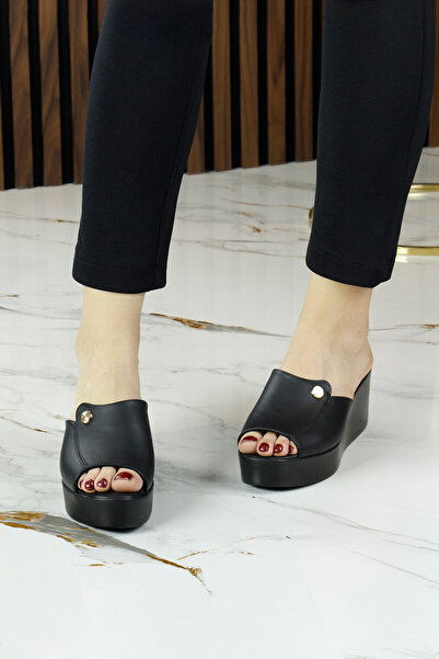 Erkan Saçmacı Tilda Black Genuine Calfskin Metal Button Detailed Open Front Wedge Heeled Slippers