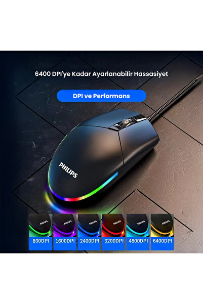 Philips SPK9304 USB Kablolu 6400DPI 6 Tuşlu RGB Aydınlatmalı Optik Mouse Siyah (Philips Türkiye Garantili)