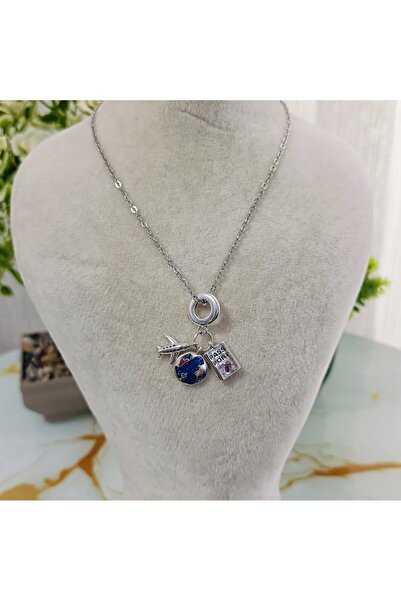 Lynare Passport Uçak Ve Dünya Model Charmlı Gümüş Renk Paslanmaz Çelik Kolye