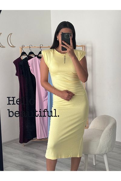 badibadii Crew Neck Padded Stone Detailed Slit Double Fabric Dress