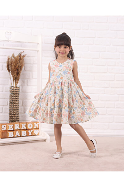 Serkon BABY Dantel Bolerolu Çiçek Baskılı %100 Pamuk Astarlı Kız Çocuk Elbise