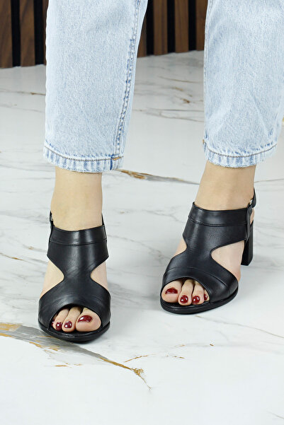 Erkan Saçmacı Kanne Black Genuine Calfskin Velcro Strap Thick Heeled Comfortable Daily Sandals