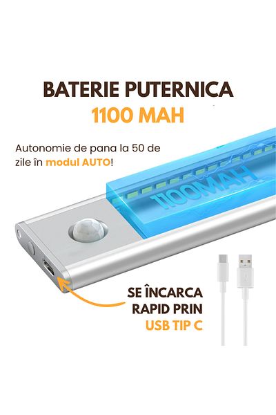 OEM Bandă LED cu senzor de mișcare, reîncărcabilă, lumină caldă/rece/neutră, montare magnetică, 40 cm