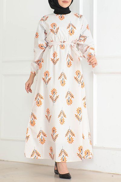 TOFİSA Patterned Sleeve Gathered Dress Orange - 26623
