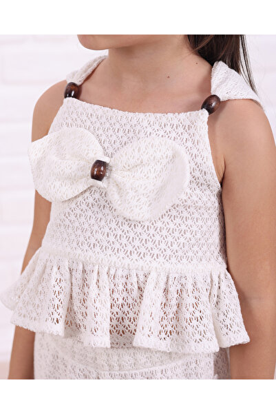 Serkon BABY Front Bow Crop Strap Mesh Lace 100% Cotton Lined Girls' Pants Set