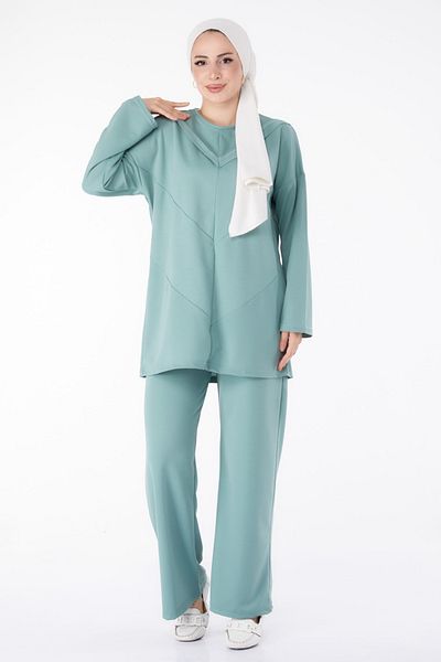 TOFİSA Women's Crew Neck Piece Detail Tunic and Loose Pants Bottom Top Set- 13139