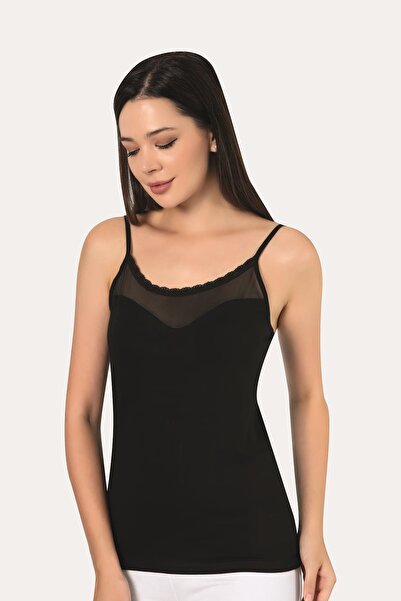 Arma Yıldız Black 2-Piece Women's Tulle Strap Tank Top Cotton Lycra