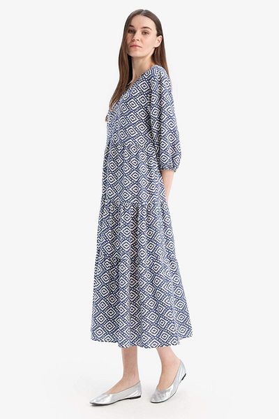 DeFacto Regular Fit Print V Neck Long Sleeve Maxi Dress E8302Ax25Sp